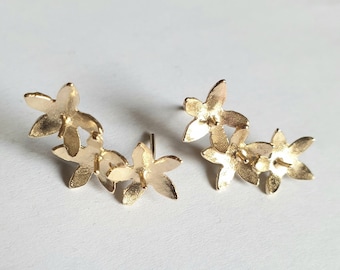 Solid gold earrings, 14k gold earrings, ear climbers, ear crawlers, flower stud earrings, flower climbers, gold flower studs
