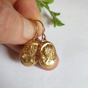 Cameo earrings, gold dangle earrings, gold Cameo earrings, bridal earrings, 14k gold earrings