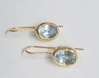 Solid Gold Blue Topaz Earrings, 14k Gold Earrings, Topaz Jewelry, Gold Earrings, Oval Gemstone Earrings, Handmade 14k Gold Earrings
