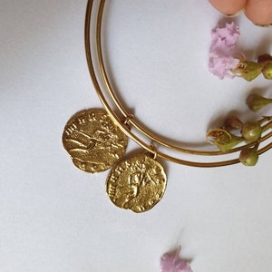 Gold bangle bracelet with coin charm, gold coin bracelet for women image 7