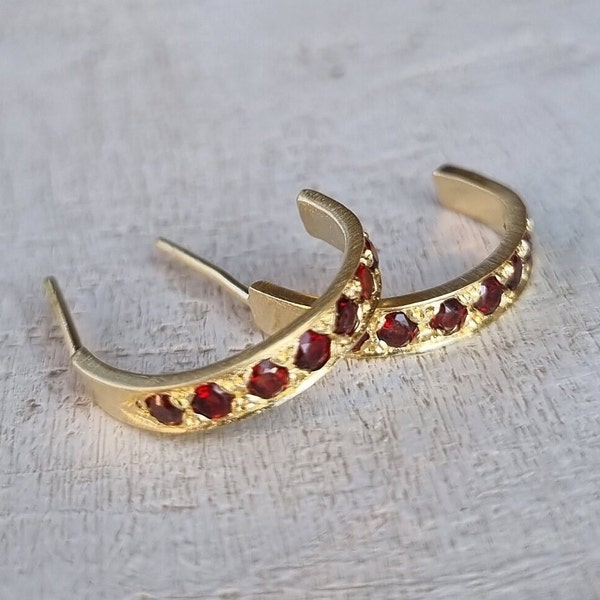 Garnet earrings, gold hoop earrings, small hoop earrings, open hoop earrings, gemstone hoops, 14k gold hoops, hoop stud earrings