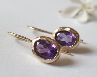 Gold Amethyst Earrings, Solid gold earrings, 14k gold earrings, purple earrings, gold drop earrings, February birthstone earrings