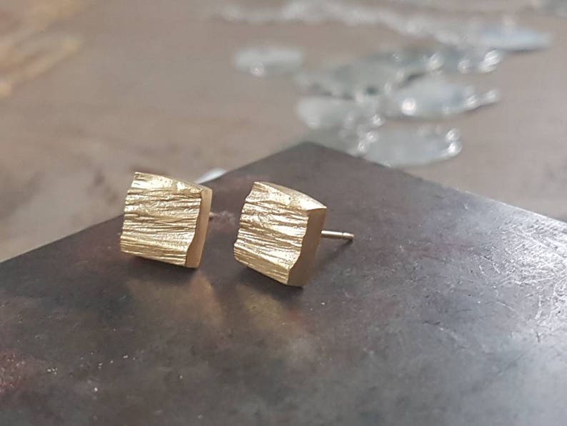 Gold stud earrings, square earrings, square stud earrings, gold earrings studs, gold square studs, rustic stud earrings, small stud earrings image 6