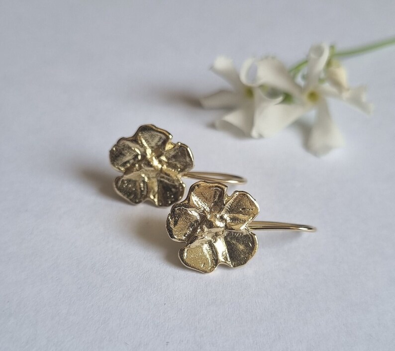 Gold flower earrings, 14k Gold earrings, Drop gold earrings, Solid gold earrings, Romantic earrings, 9k gold earrings, Feminine jewelry image 5