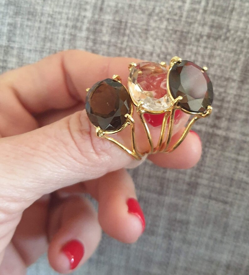 Statement 14k gold ring, Smokey quartz ring, Rutile quartz, Garnet ring, Labradorite ring, Oval ring, Big gemstone ring, 9k solid gold ring image 1