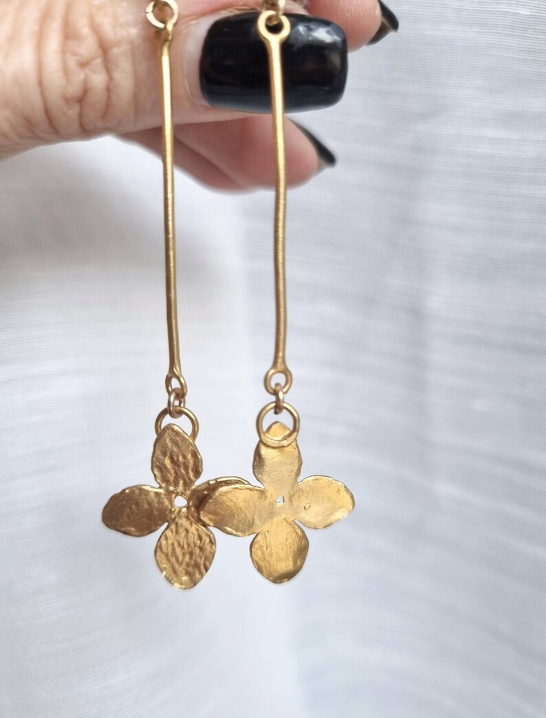 Gold flower earrings, Drop stud earrings, Long gold earrings, Bridal earrings, Romantic jewelry for women, Statement silver earrings, Dangle image 3