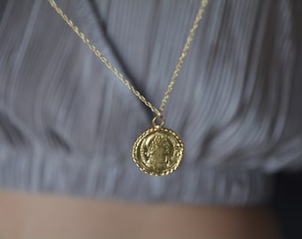 Coin necklace, 14k gold necklace, gold coin necklace, coin pendant necklace, medallion necklace, long coin necklace, gold pendant necklace