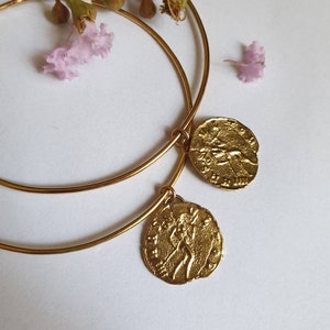 Gold bangle bracelet with coin charm, gold coin bracelet for women image 9