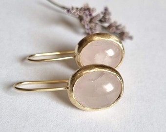 14k gold earrings, Rose quartz Earrings, Solid Gold Earrings, Pink earrings, Oval earrings, Rosequartz gemstone earrings, Valentine earrings