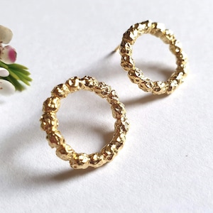 14k Gold studs, Circle earrings, Round stud earrings, Solid gold earrings, 9k gold earrings, Rustic gold earrings, Open circle earrings Boho image 1