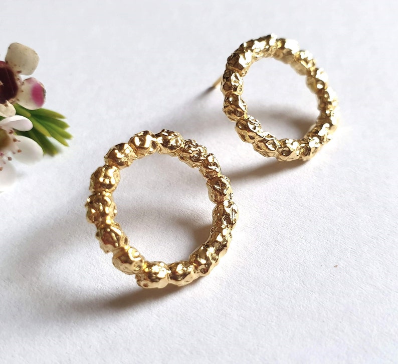 14k Gold studs, Circle earrings, Round stud earrings, Solid gold earrings, 9k gold earrings, Rustic gold earrings, Open circle earrings Boho image 1