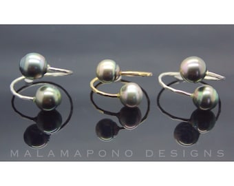 Double Tahitian Pearl Ring in Sterling Silver or 14k Gold Filled