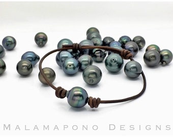 AA 10mm Tahitian Pearl leather adjustable bracelet