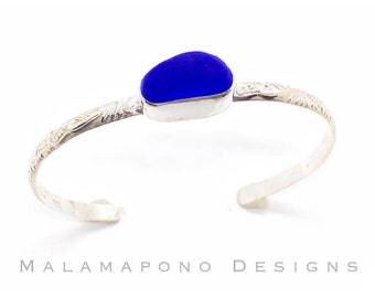 Cobalt Blue Beachglass/Seaglass Bezeled Hawaiian Style Cuff Bracelet