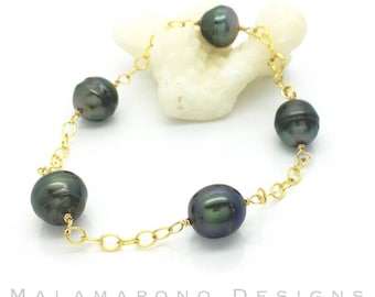 AA 10mm Tahitian Pearl link bracelet ~ 14k gold filled ~ Black Pearls