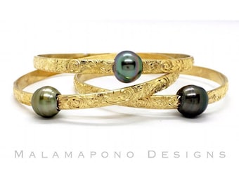 4.5 mm or 5.0 mm 14k Gold filled Hawaiian Heirloom Jewelry Style bangle bracelet with Tahitian pearl