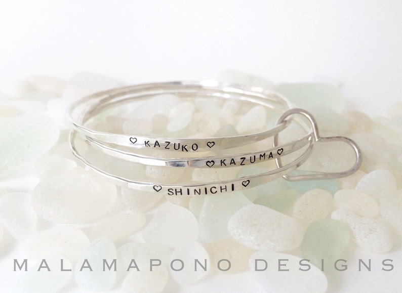 Personalized Sterling Silver Bangles With Floating Heart Etsy