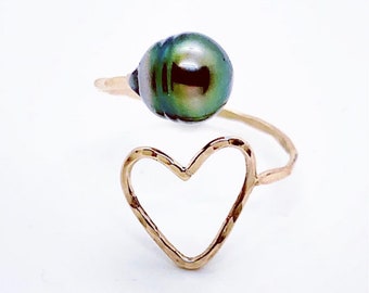 14k Gold filled Tahitian Pearl and Heart Wrap Around Ring