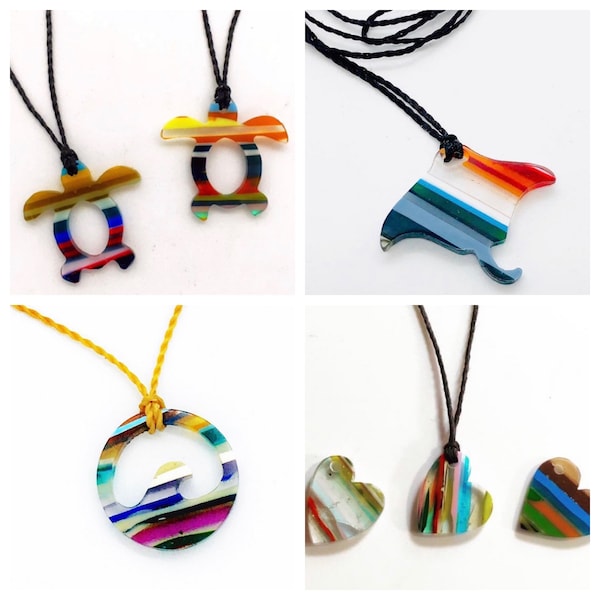 Recycled surfboard resin pendants ~ Honu ~ Manta Ray ~ Wave ~ Heart