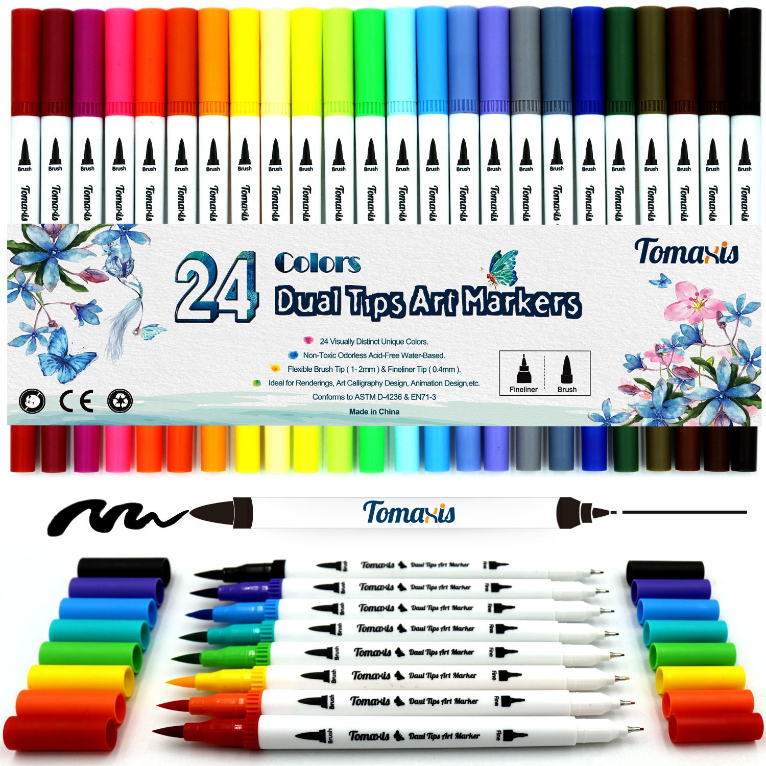 24 Colors Dual Tip Brush Marker, Fineliner & Soft Tip Art Markers