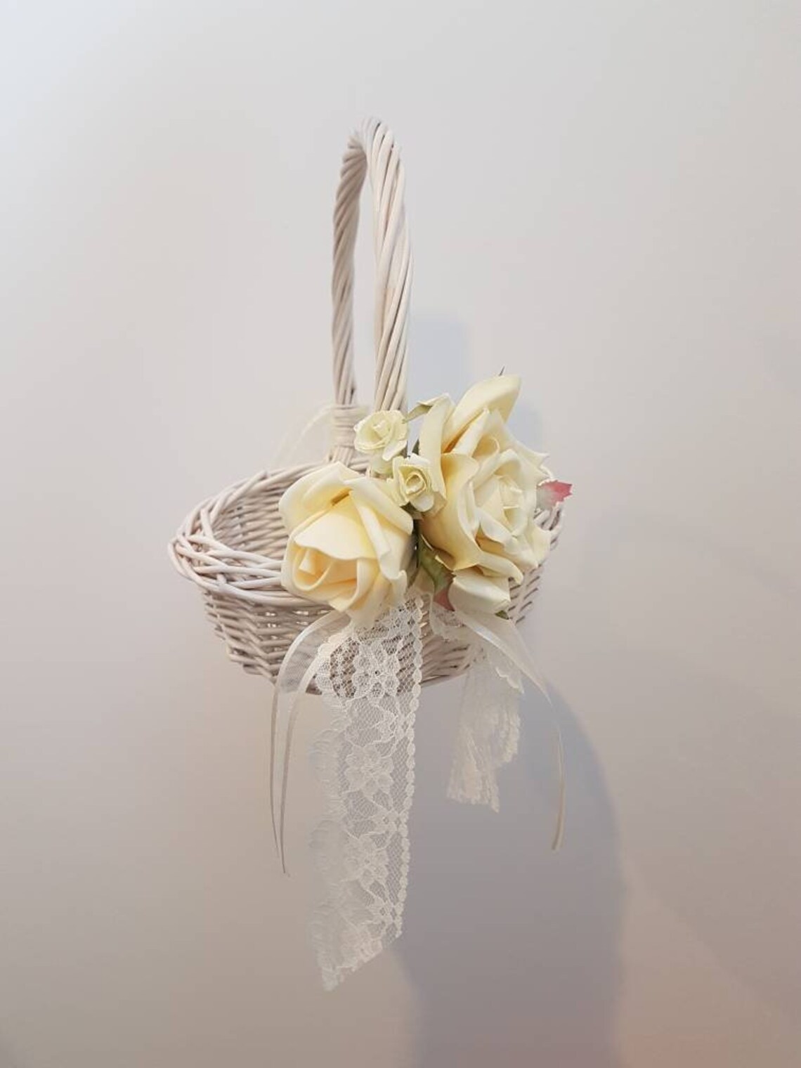 Ivory Wicker Flower Basket With Rose Bouquet Etsy