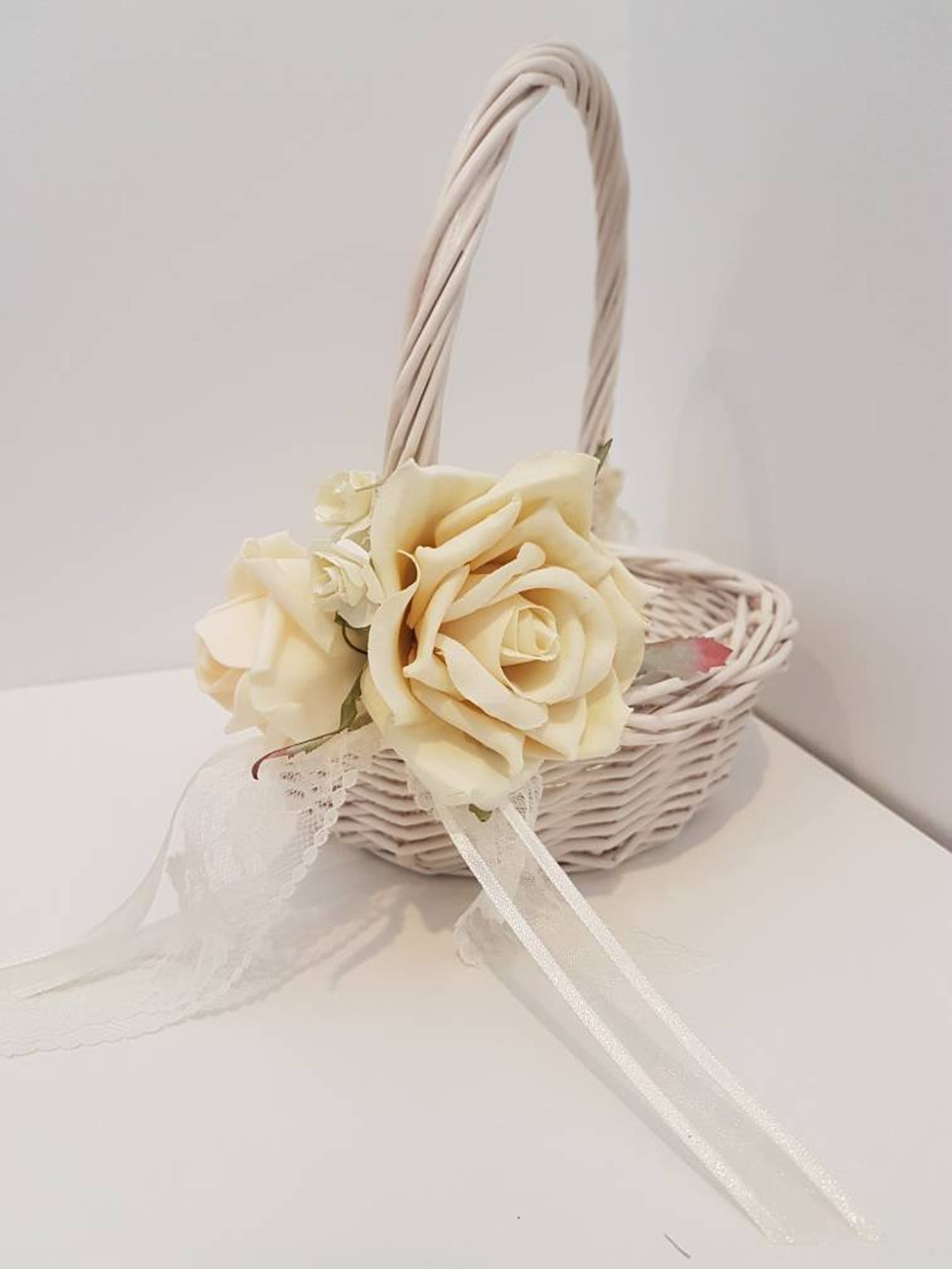 Ivory Wicker Flower Basket With Rose Bouquet Etsy