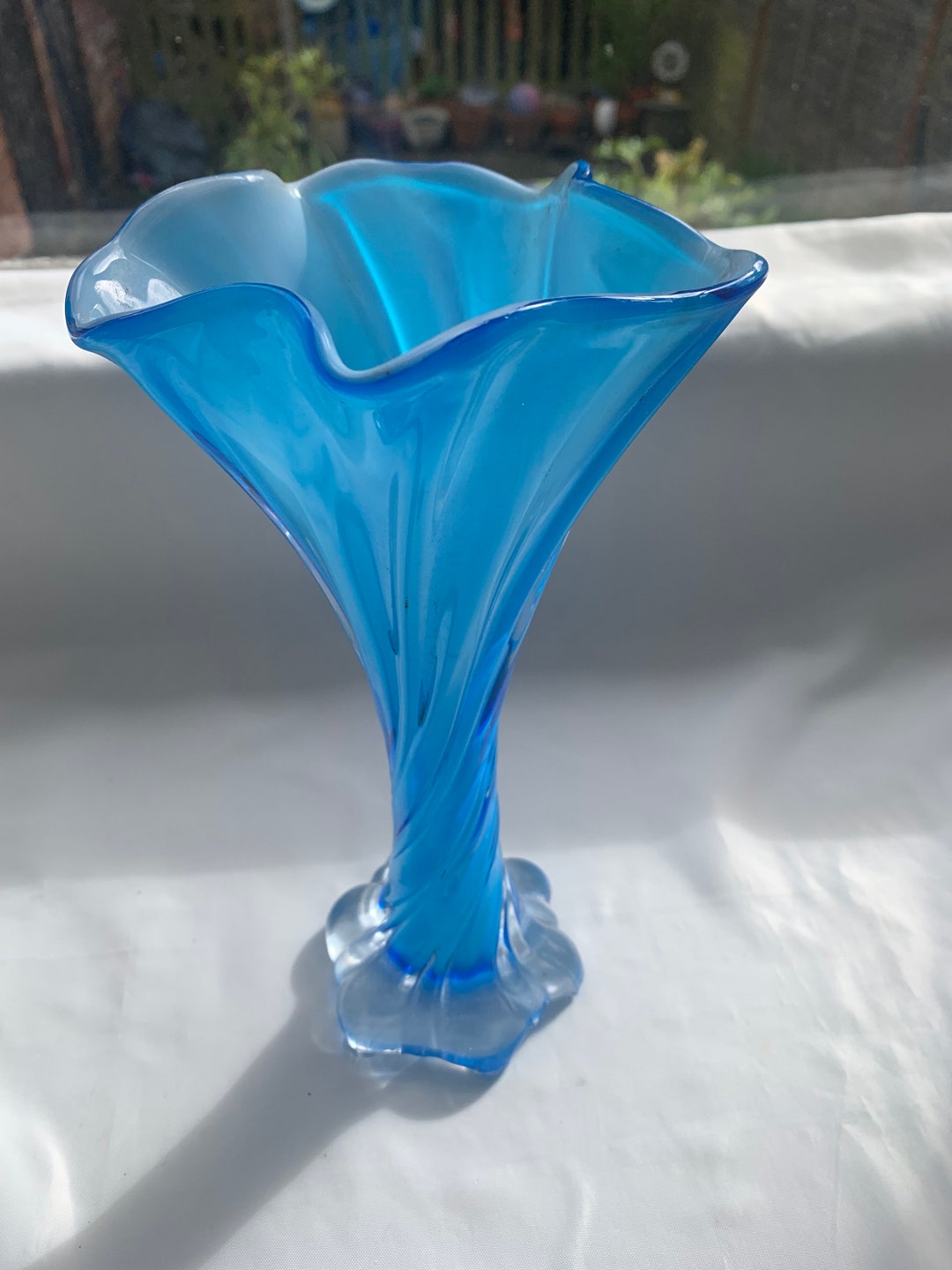Murano Style Art Glass Clear and Fading Blue and White 6 1/2