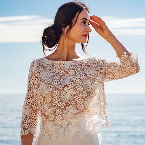 bridal lace top, two-piece wedding dress top, bridal separates , sleeve lace wedding blouse, made in France, boho bridal outfit