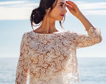bridal lace top, two-piece wedding dress top, bridal separates , sleeve lace wedding blouse, made in France, boho bridal outfit