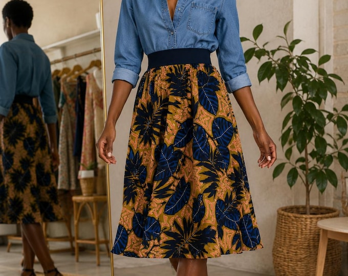 High-waisted midi skirt in a colorful, exotic African wax print. Women's summer skirt. Wide waistband and gathers. Made in France.