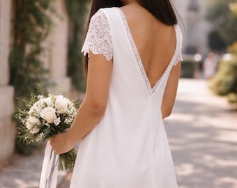 MARWA - Short Ivory Wedding Dress for Civil Wedding - Lace Trapeze Bridal Dress - French Handmade Design