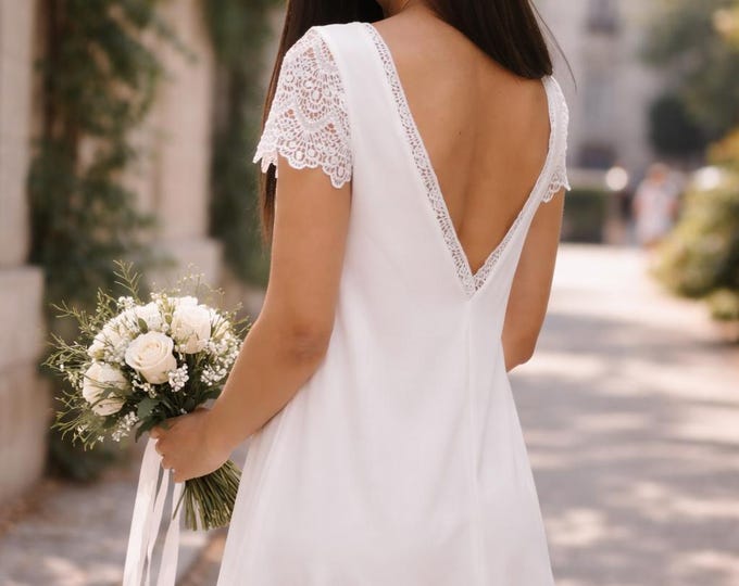 MARWA - Short Ivory Wedding Dress for Civil Wedding - Lace Trapeze Bridal Dress - French Handmade Design