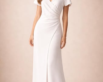 ELO: Long ivory crepe civil wedding dress, wrap style with draping, simple and minimalist outfit, suitable for a secular or town hall wedding