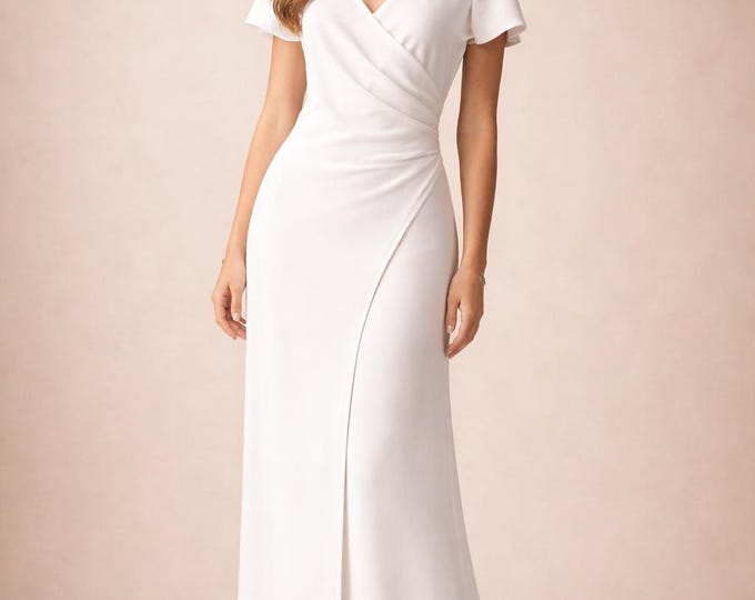 ELO: Long ivory crepe civil wedding dress, wrap style with draping, simple and minimalist outfit, suitable for a secular or town hall wedding