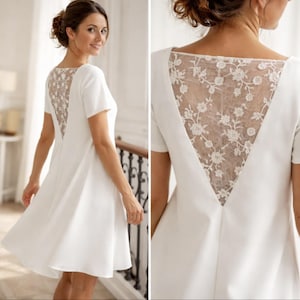 Short white dress, summer dress, embroideries, nacked back, flowery lace. Flared dress. Short wedding dress. bridal dress
