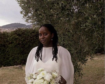 Long ivory chiffon bridal cape - custom-made wedding cape, sleek and elegant style, French handcrafted creation