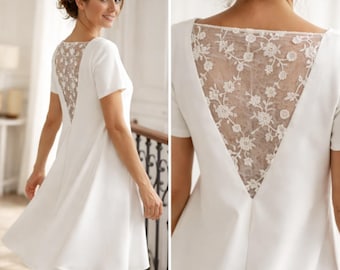 Short white dress, summer dress, embroideries, nacked back, flowery lace. Flared dress. Short wedding dress. bridal dress 