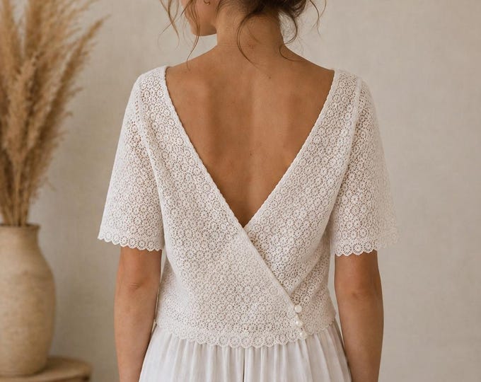 Ivory crochet lace top - Boho chic wedding or summer top for women. Made in France to order. Top for a bridal outfit