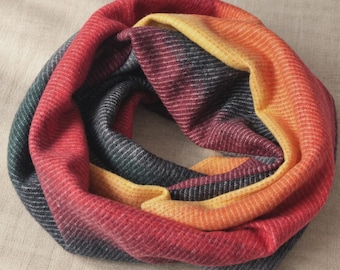 Striped multicoloured virgin wool neck warmer, soft and warm snood, double-loop tube scarf, fashionable winter accessory for women. France