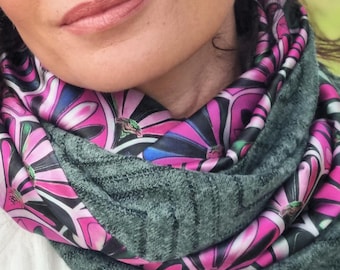 SNOOD gift idea infinity scarf for women, green model with bird print on cotton gauze