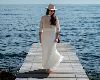 Jupe de mariée longue en mousseline ivoire style bohème. ensemble de mariée séparé.