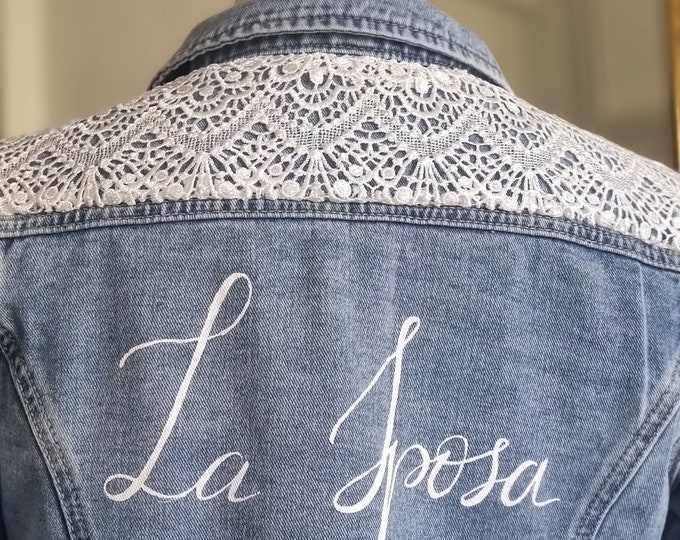 Customized denim wedding jacket, denim and lace wedding jacket. Optional hand-painted back. Made in France.