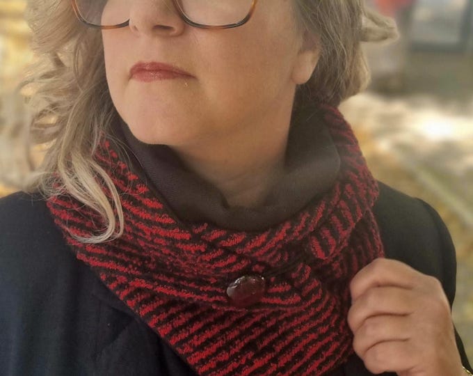 Red and black tweed wool scarf with a button. Triangular neck warmer, winter bandana - handmade gift accessory idea for women