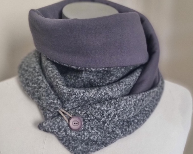 Tweed wool scarf tied with a button, triangular snood neck warmer, winter bandana - handmade gift accessory idea for women and men