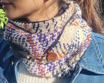 Neck warmer with button Beige checkered scarf for women. Gift idea for her.