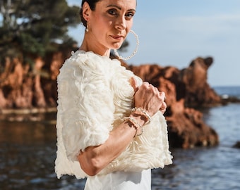 Champagne 3D Lace Bridal Bolero – Short Jacket with Embossed Flowers – Wedding Dress Jacket – Handmade in France