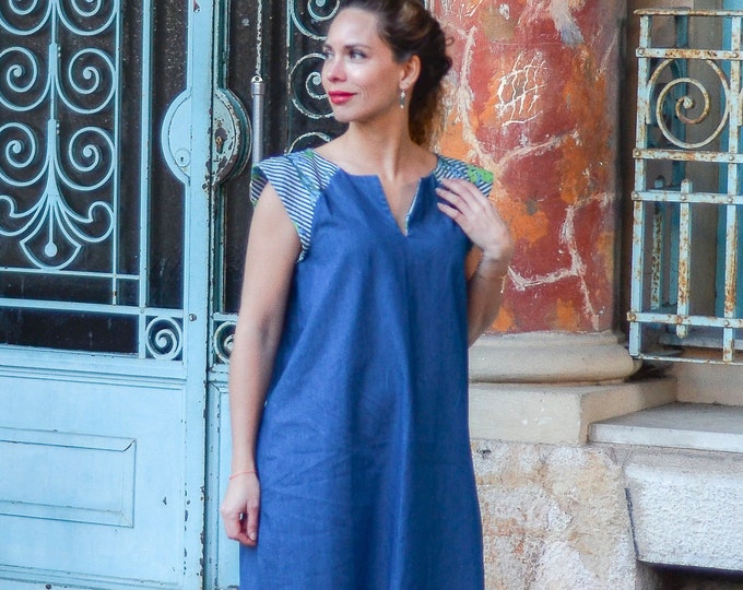 Women's summer denim dress with Japanese fabric, short trapeze dress, Japanese striped pattern. Sewn in Nice, France