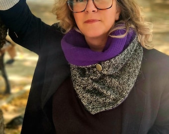 Tweed wool scarf tied with a button, triangular snood neck warmer, winter bandana - handmade gift accessory idea for women and men