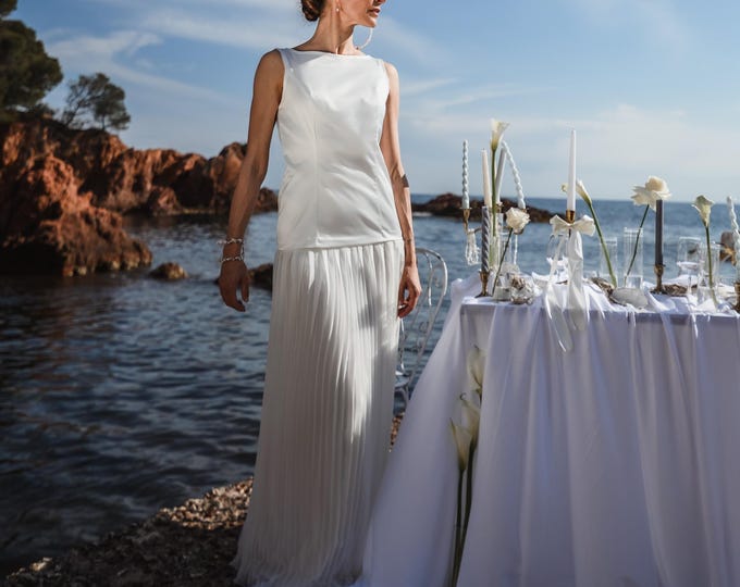 ALIX: Minimalist 2-piece wedding dress, modern bridal outfit, satin backless top and pleated chiffon sunburst skirt, bridal ensemble