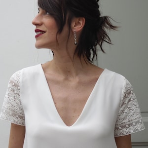 Short wedding dress for civil bride. lace sleeves